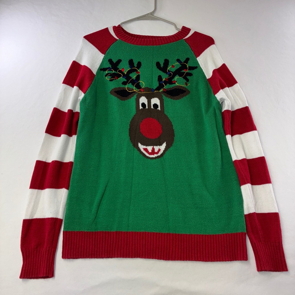 440 Festive Ugly Christmas Sweater Rudolph Reindeer S Green Red Striped Raglan